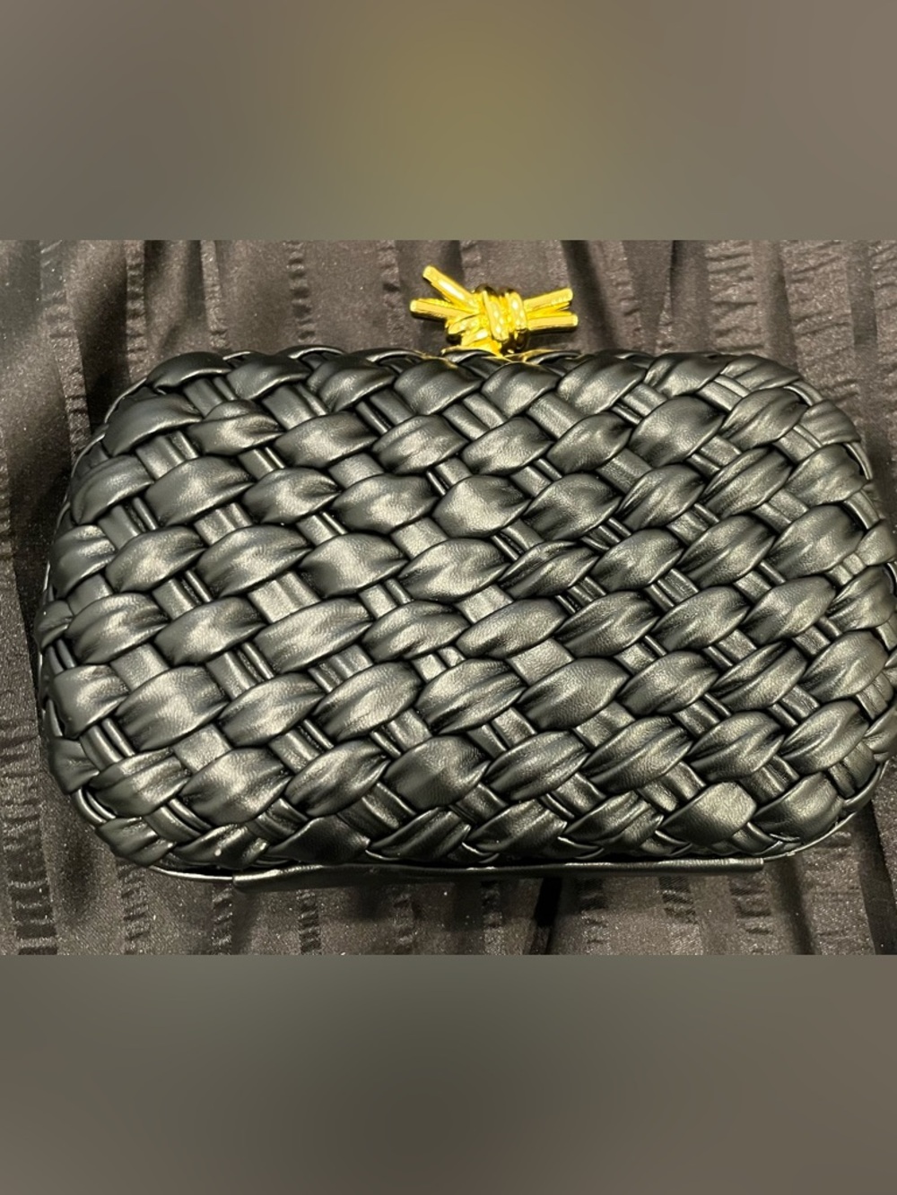 NWOT Woven Leather Knot-Top Clutch - Black convertible with gold metal
